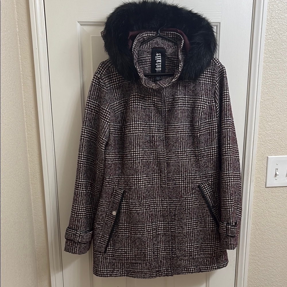 Tail Black and Brown Plaid Trench Coat with Faux Fur Hood